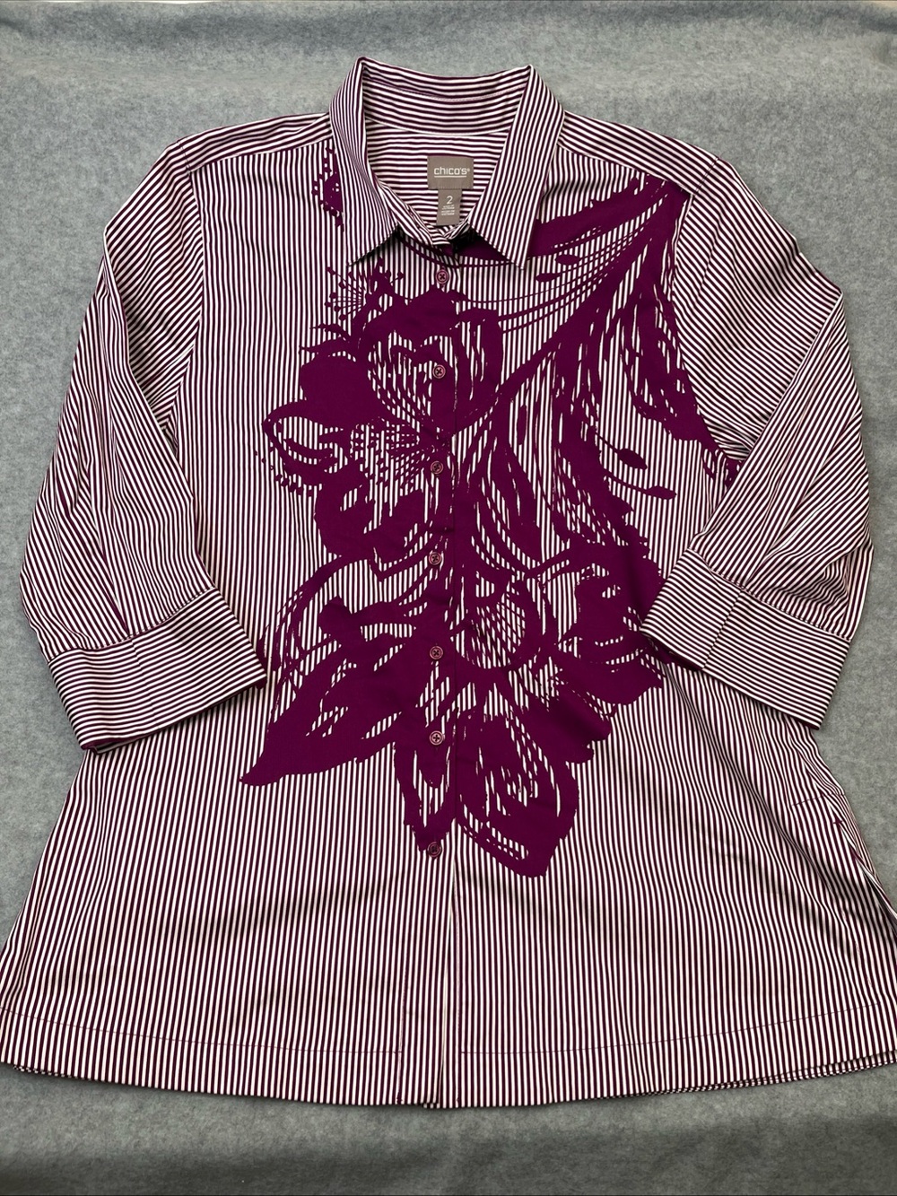 Chico’s 3/4 Sleeve Striped Maroon White Button Up Tunic Blouse Size 2 Large